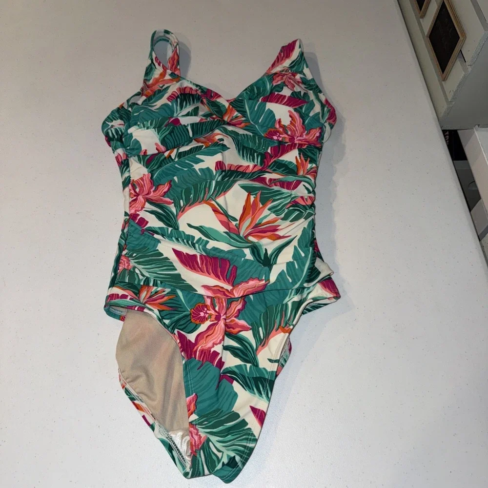 Kona Sol‎ Tropical Floral Palm Print One Piece Swimsuit Green Pink Small 4-6
